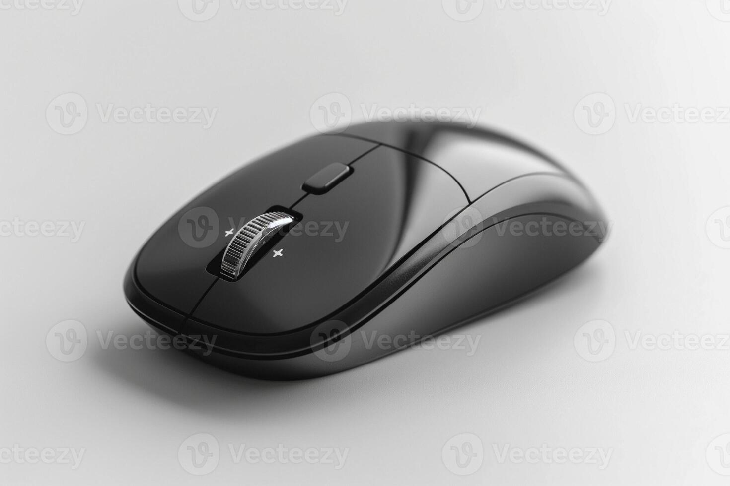 Sleek black computer mouse with ergonomic design, featuring scrolling wheel and adjustable sensitivity. photo