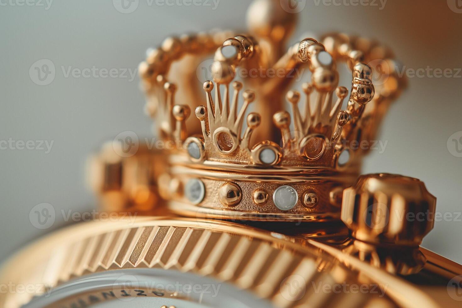 Close-up of an elegant golden crown ornament on a luxury watch, showcasing intricate details and craftsmanship. photo