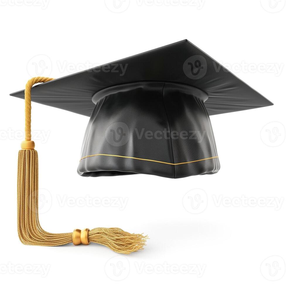 A traditional black graduation cap with a gold tassel, symbolizing achievement and academic success. photo
