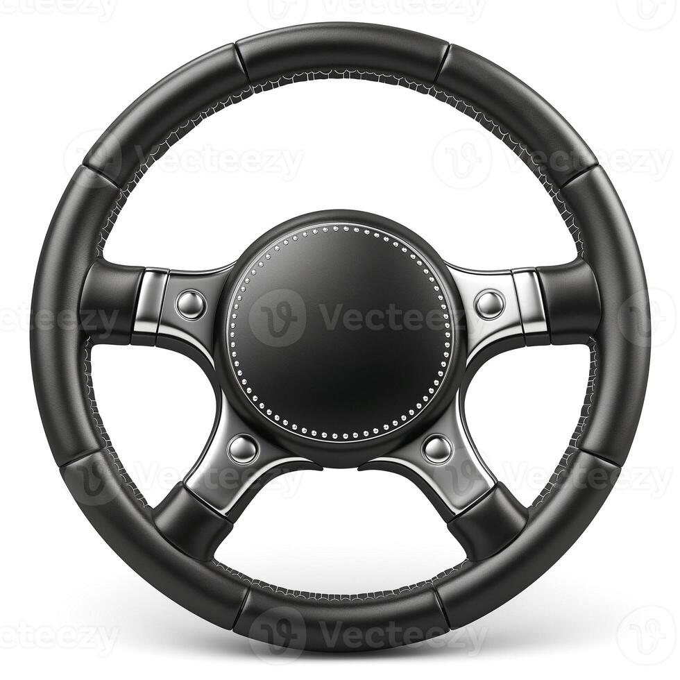 A sleek, modern black steering wheel with silver accents, showcasing a sporty design. photo