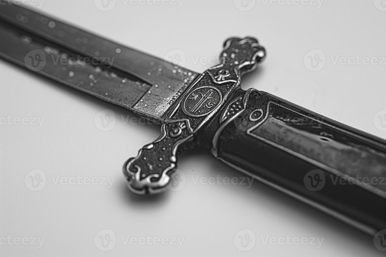 Close-up of an ornate, wet dagger with intricate details and a gleaming blade. photo