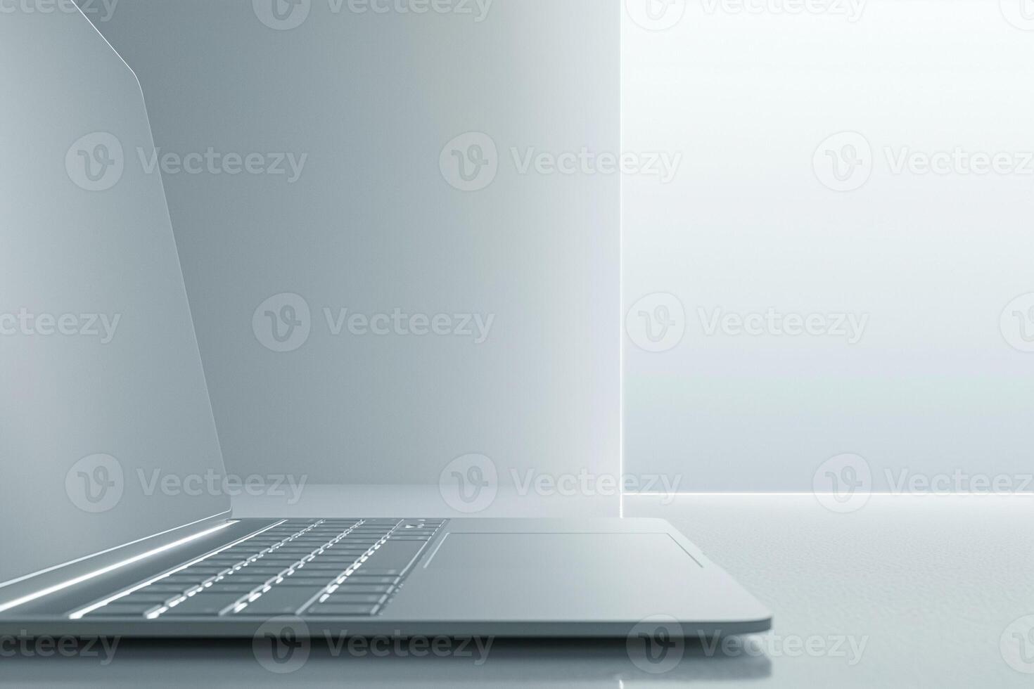 A sleek, minimalist laptop sits on a reflective surface with soft natural light, creating a calm and modern workspace ambiance. photo