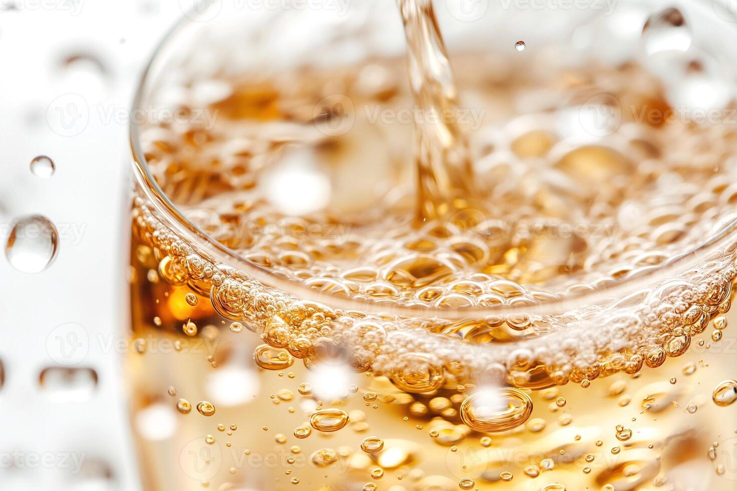 A refreshing glass filled with golden sparkling beverage, with bubbles rising for a vibrant, thirst-quenching experience. photo