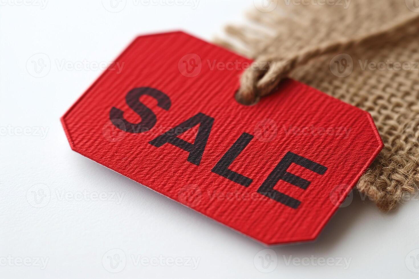 A close-up of a bold red sale tag attached to burlap, perfect for shopping promotions. photo