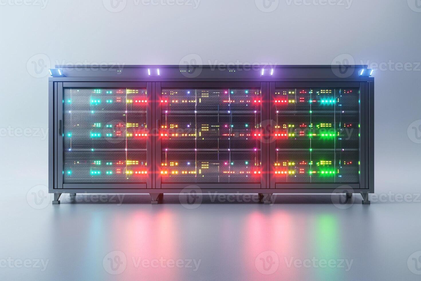 A modern data server with colorful LED lights, showcasing a sleek design perfect for technology-focused environments. photo