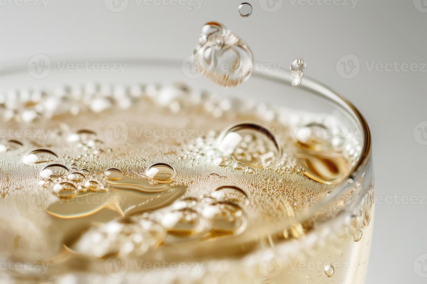 A close-up of sparkling beverage bubbles in a crystal glass, capturing the essence of refreshment and celebration. photo