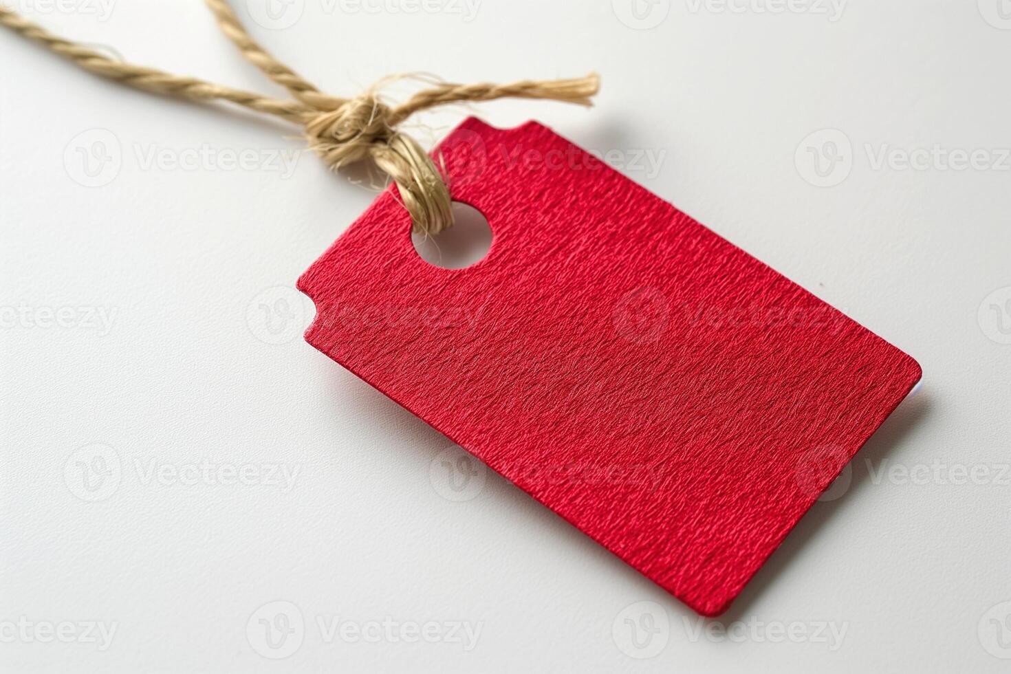 A vibrant red tag with a rustic twine loop, perfect for labeling and crafting. photo