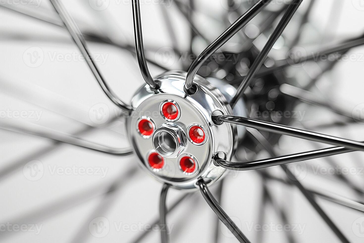 Close-up of a sleek chrome wheel hub with red accents, showcasing intricate metal spokes against a light background. photo