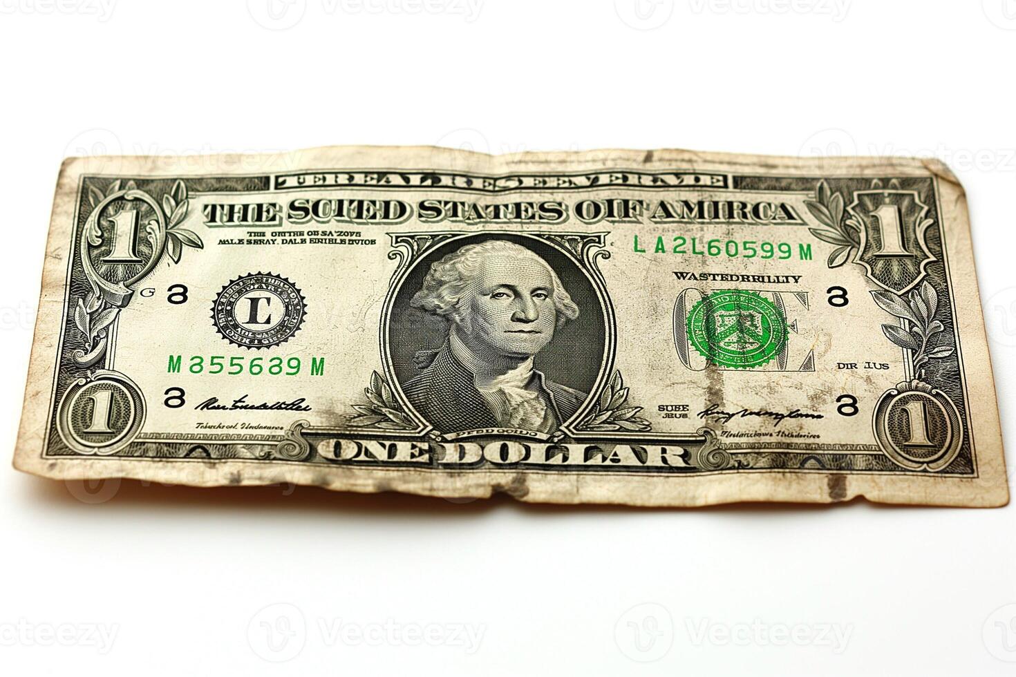 Close-up of a worn one dollar bill featuring George Washington, capturing the intricate details and texture of the currency. photo