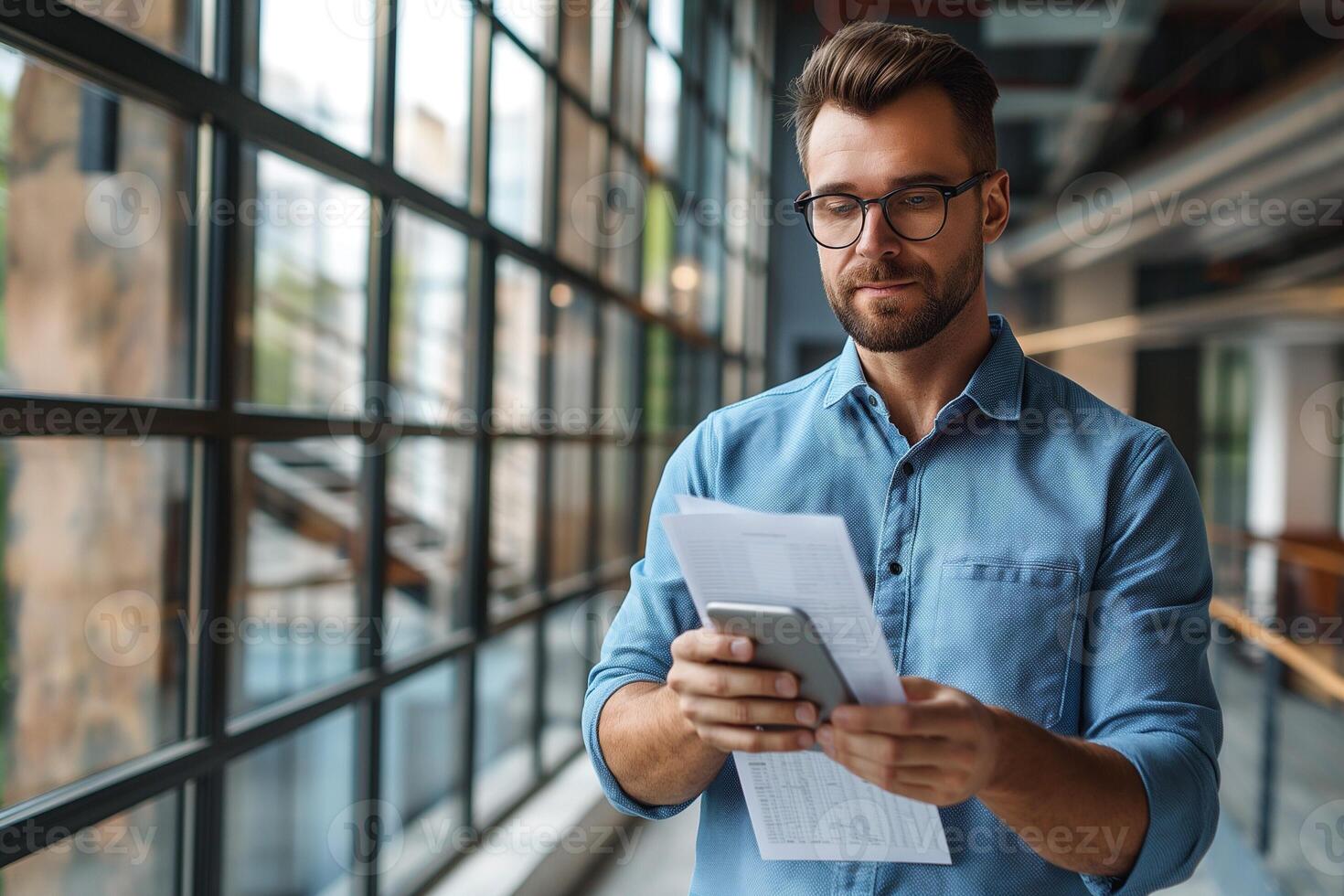 Handsome young Caucasian man in glasses using a smartphone while holding documents, standing by large windows. photo