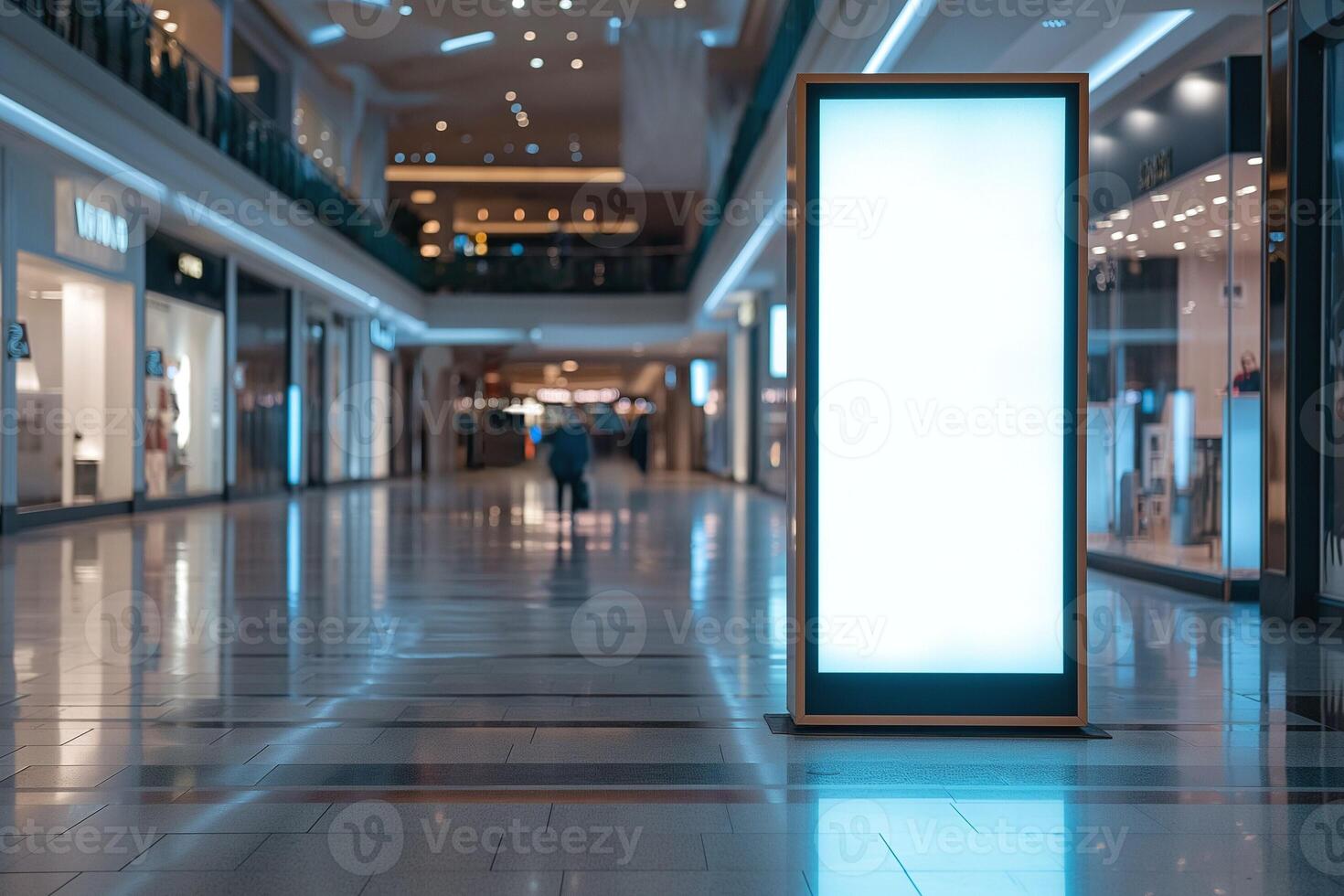 A spacious mall with empty storefronts and a illuminated blank sign, inviting shoppers to discover what's inside. photo