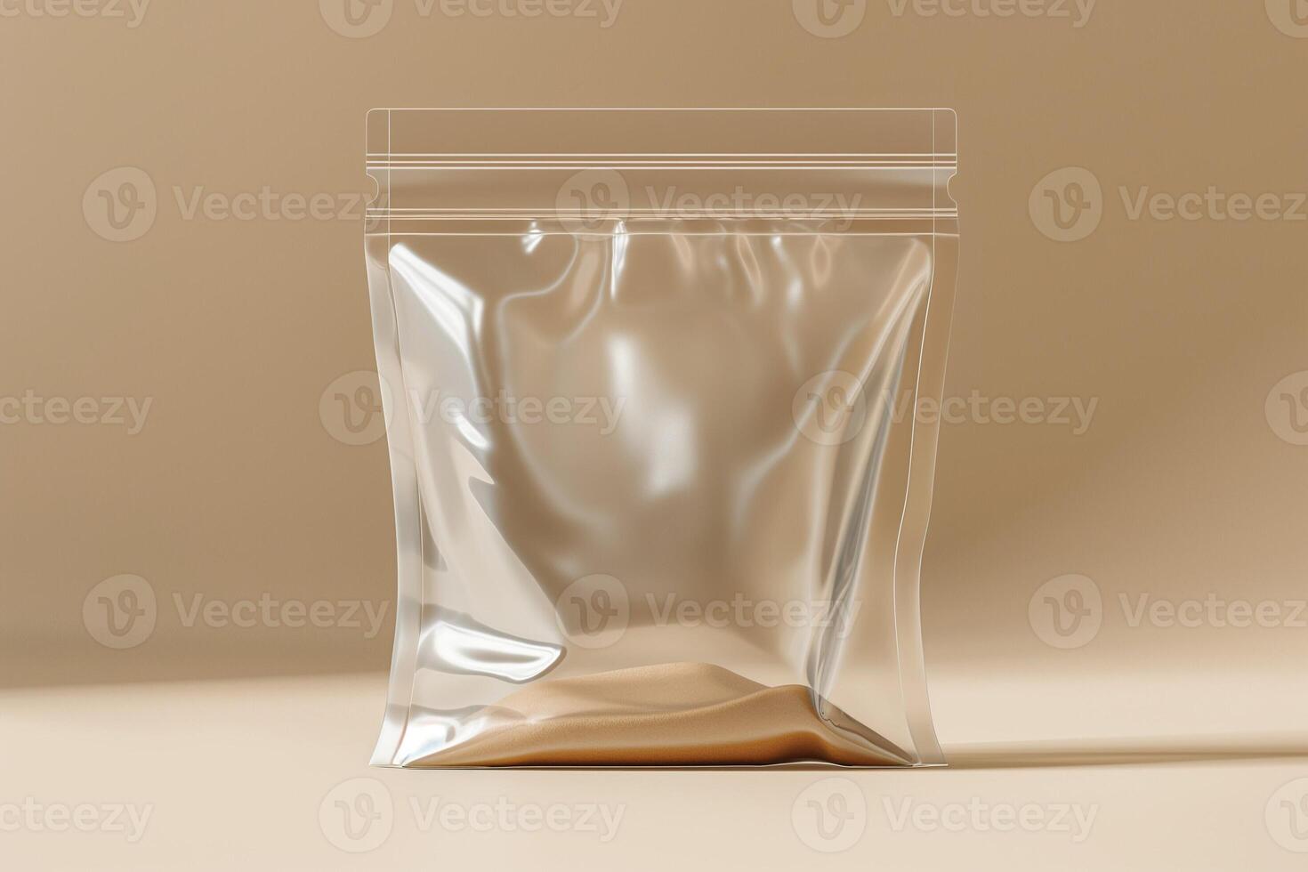 Clear plastic bag filled with light brown powder against a neutral background. photo