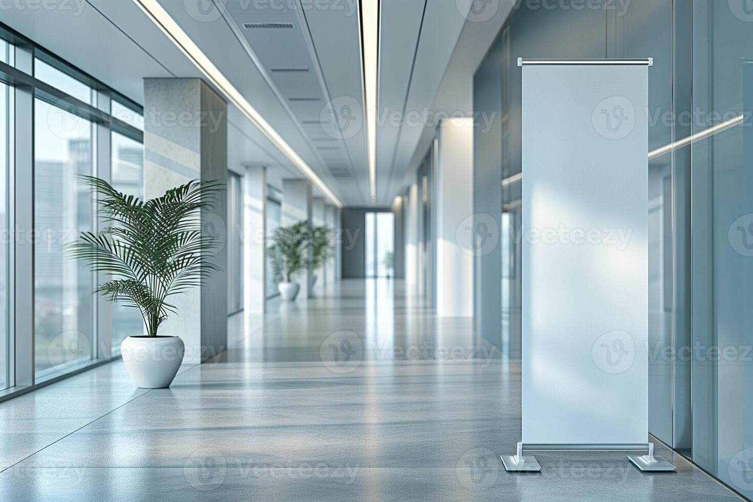 A bright, modern hallway with large windows, featuring a blank advertising stand and lush greenery. photo