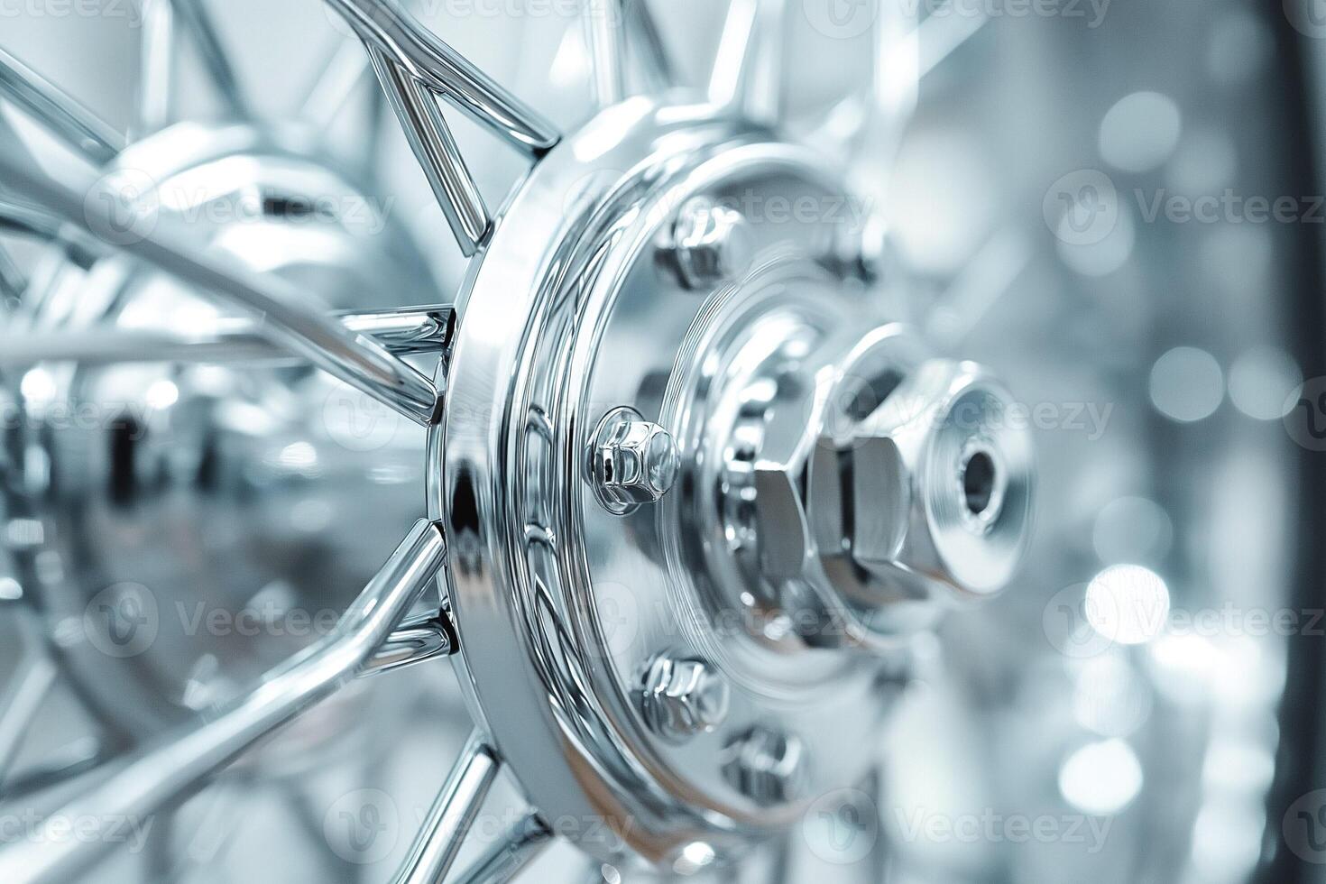 Close-up of a gleaming chrome wheel hub showcasing intricate, shiny spokes and a metallic finish. photo