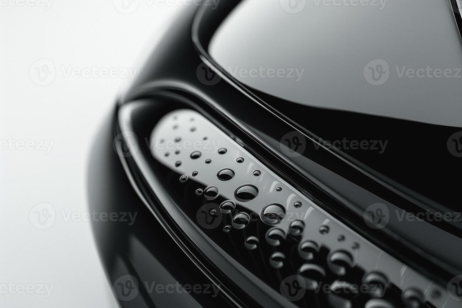Close-up of a sleek, modern black car surface adorned with water droplets, showcasing its smooth curves and high-gloss finish. photo