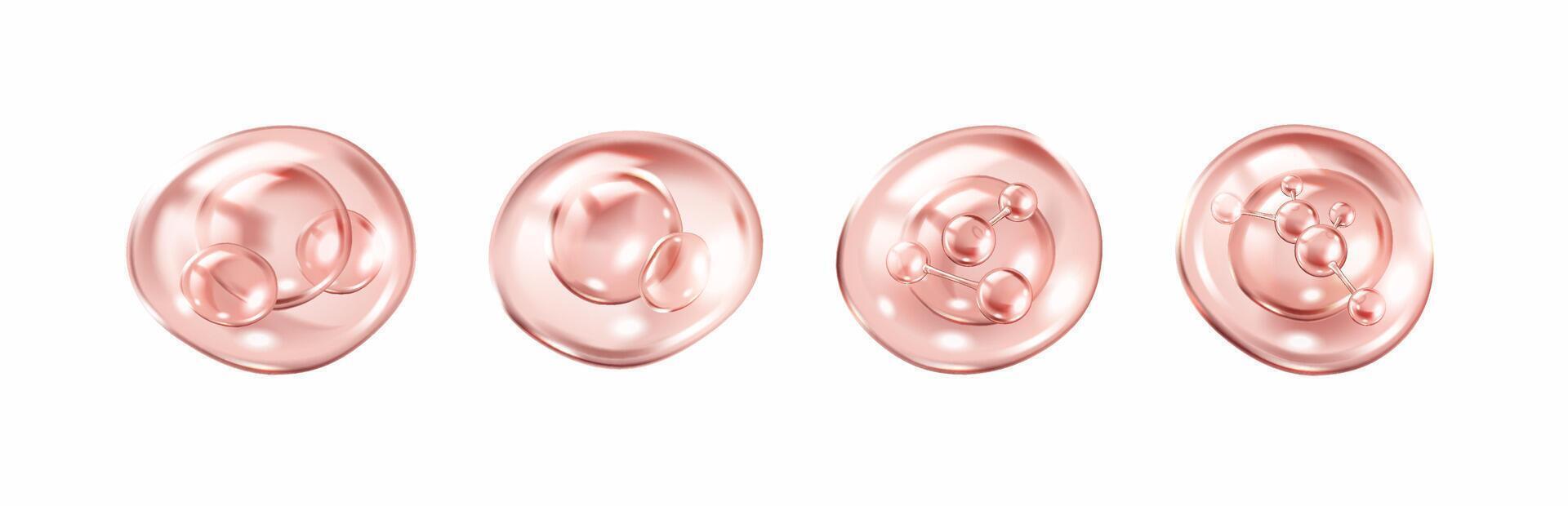Collagen molecules within pink bubbles realistic color icons set. Professional skincare treatment 3d objects bundle on white background vector
