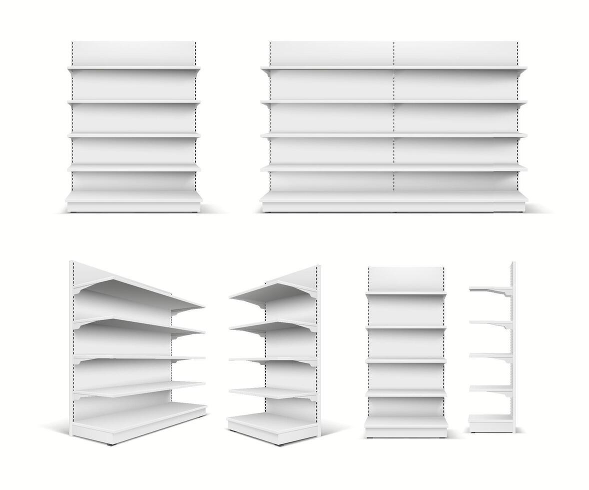 Realistic 3D mockup of a full supermarket shelf with a side view to showcase retail products and displays. vector