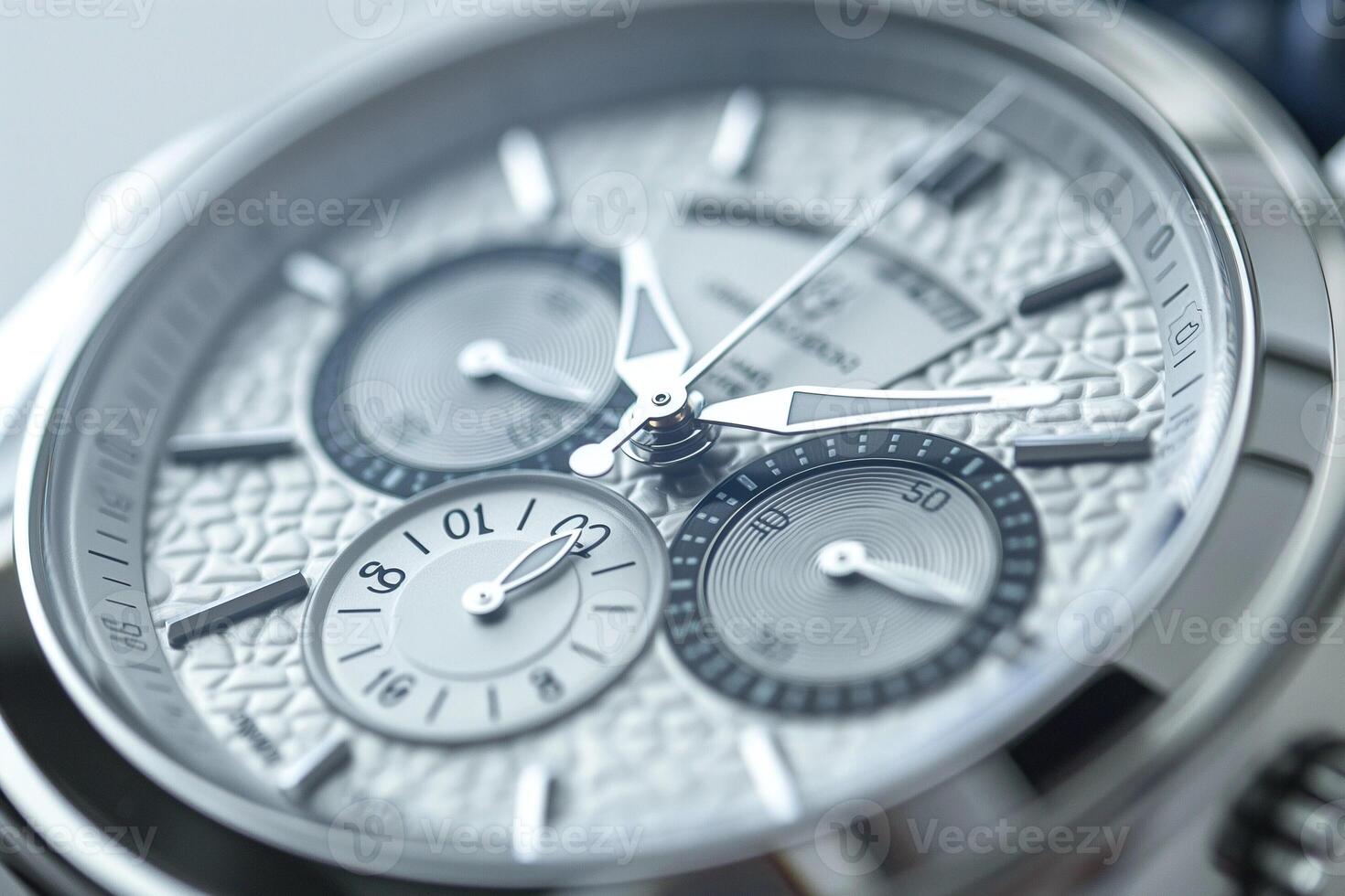 Close-up of an intricate men's chronograph watch with a textured white dial and silver-toned accents. photo