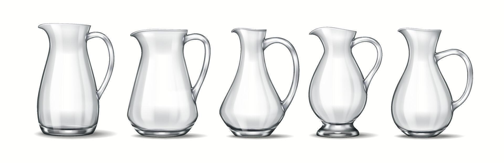 A set of five distinct glass jugs with varying shapes and handle designs, created in a 3D realistic style. Ideal for branding, commercial, and decorative visual presentations. vector