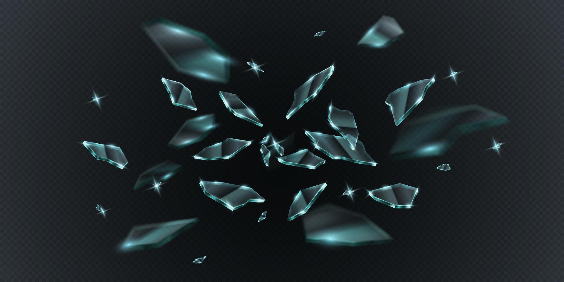 Realistic 3D illustration of floating broken glass fragments with sharp reflections. Perfect for abstract backgrounds, destruction concepts, and dynamic visuals. vector