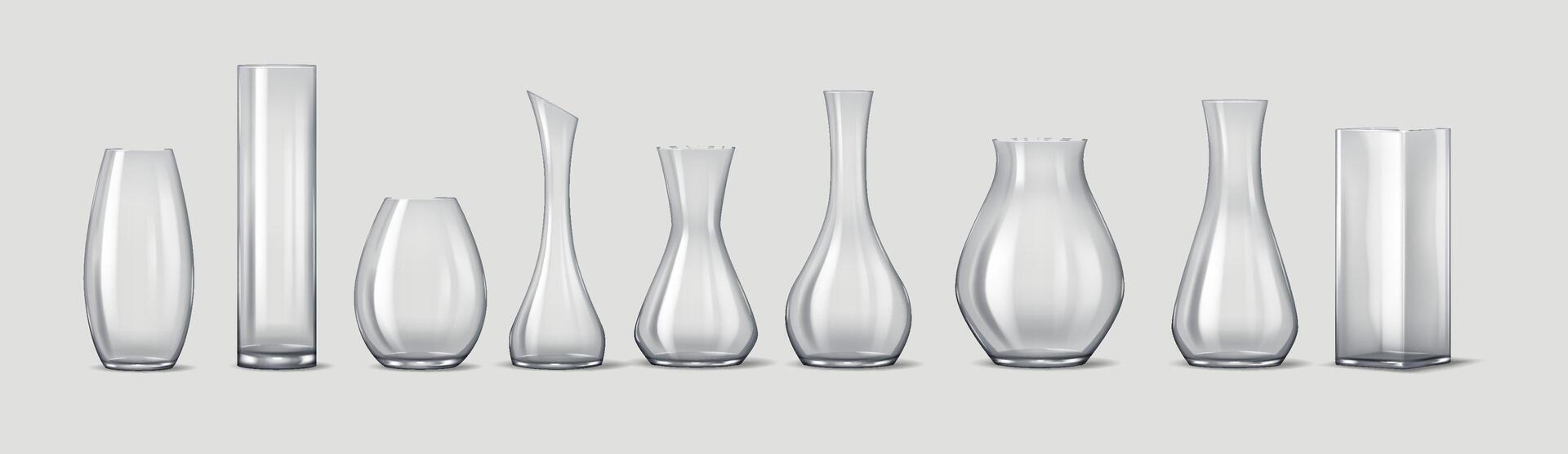 Realistic 3D illustration of a collection of various glass vases in unique shapes and sizes. Suitable for home decor, floral arrangements, and interior styling. vector
