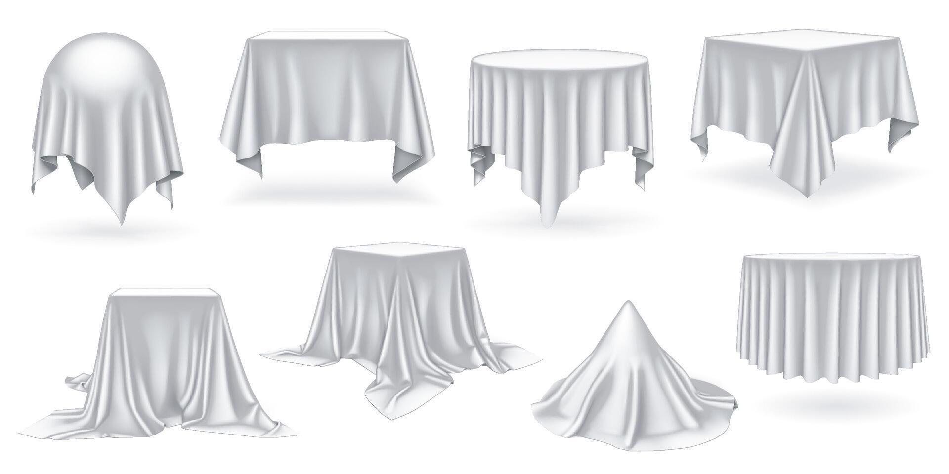 White satin drapes over tables realistic color icons set. Hinting at hidden objects and sense of anticipation 3d design bundle vector