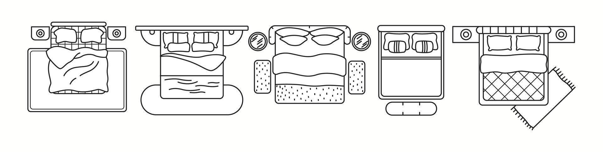 illustration showcasing different bed designs in top view. A great resource for architects, interior designers, and bedroom layout planning. vector
