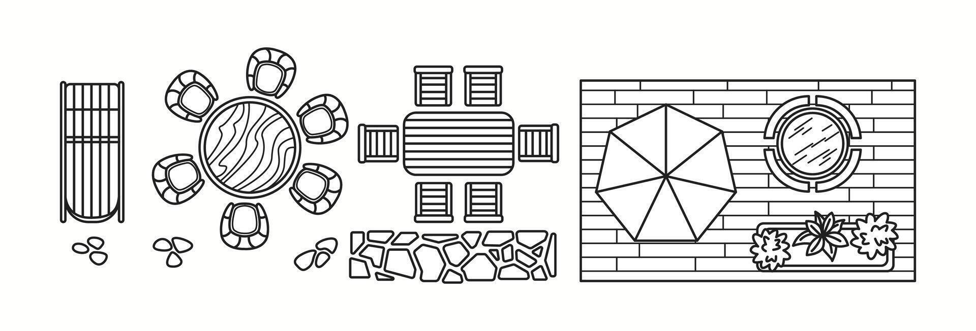 illustration of an outdoor seating arrangement with patio decor, featuring round tables, chairs, and a terrace layout. Ideal for garden and exterior design planning. vector