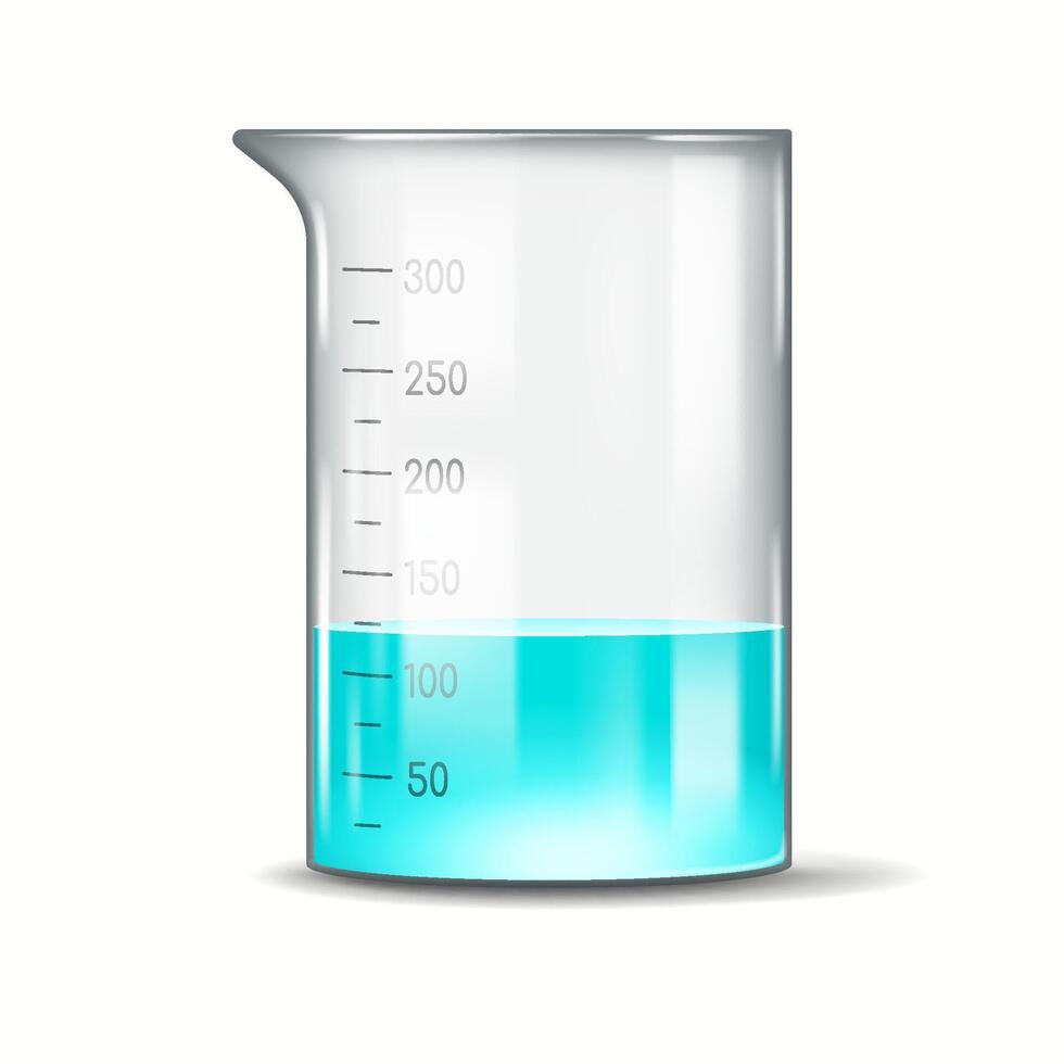 Image of a measuring beaker containing a blue liquid up to the 100ml mark. The beaker is used for scientific experiments and measurements in labs. vector