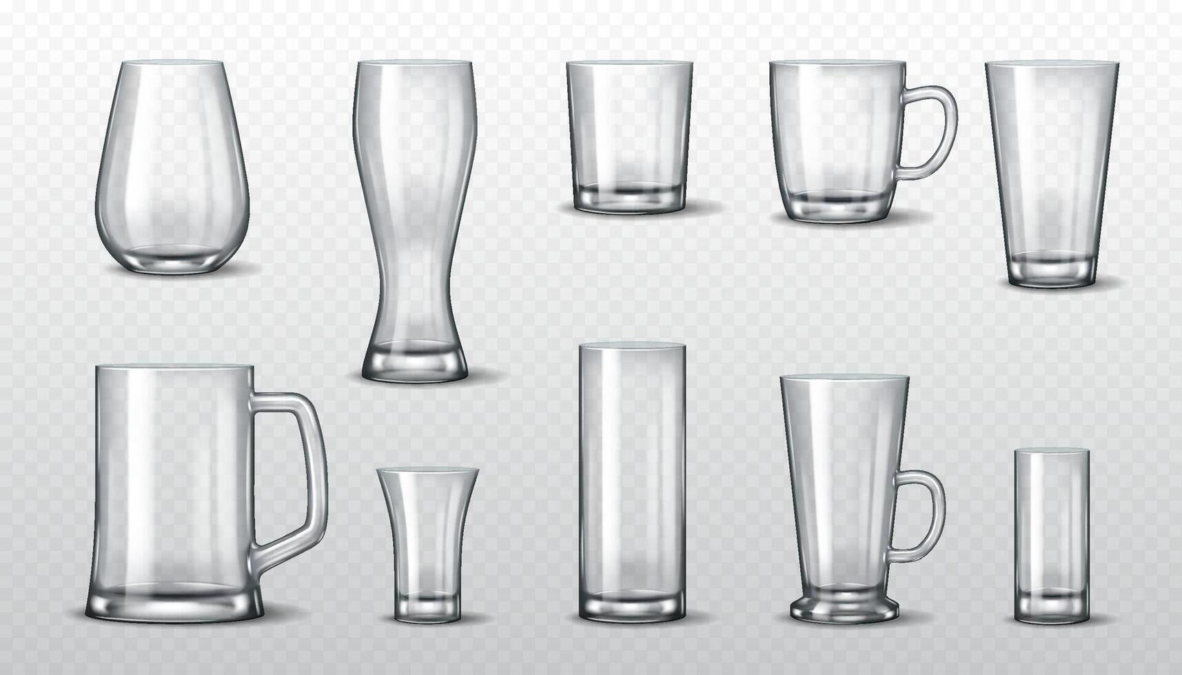 Realistic 3D illustration of a set of various glass cups and mugs in different shapes and sizes. Perfect for beverage-related design, advertising, and product mockups. vector
