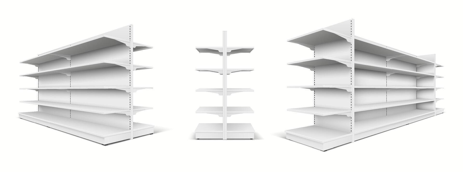 3D realistic supermarket shelf mockup with five shelves and empty space, perfect for visualizing product arrangement. vector
