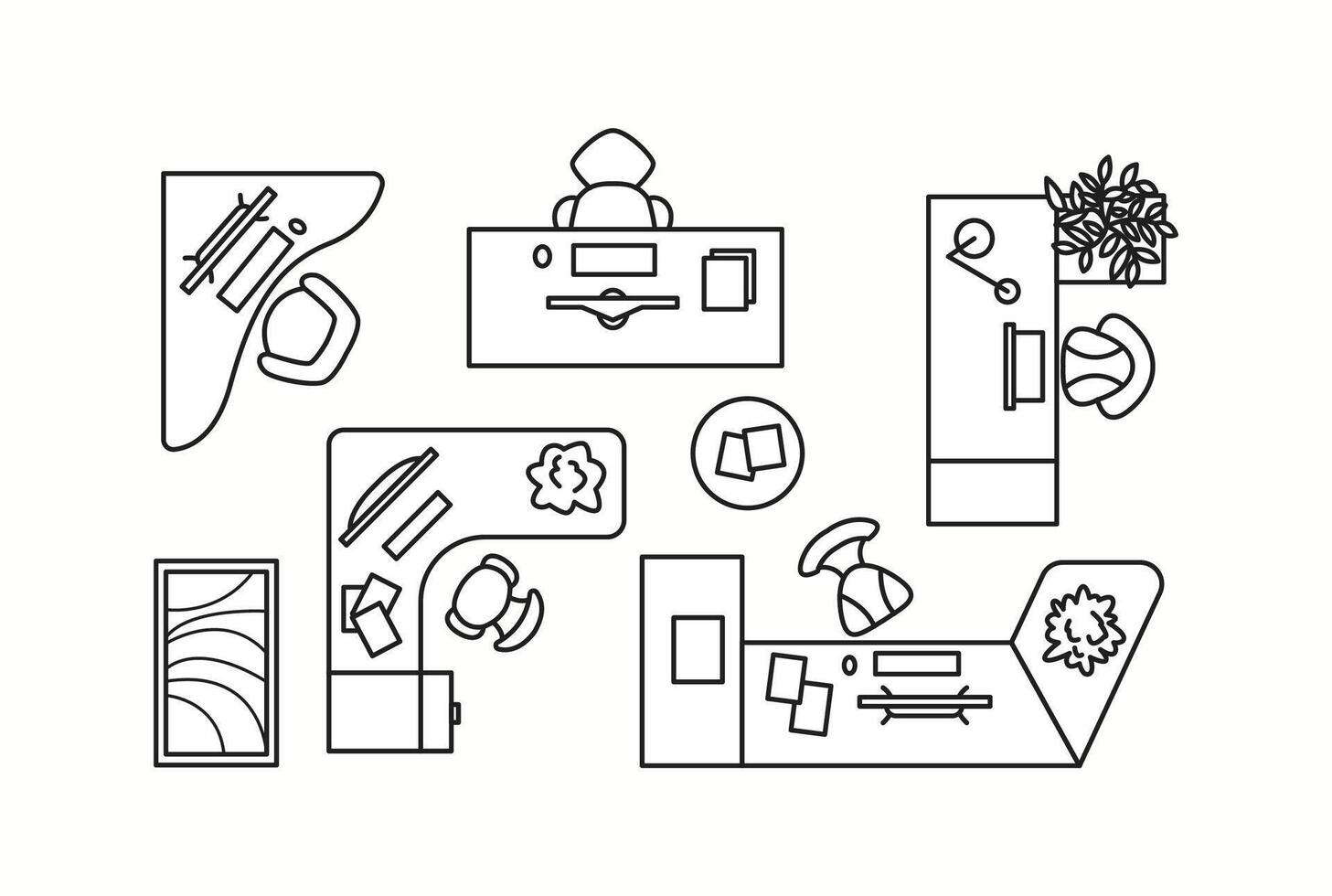 illustration of different office desks with workspace elements, seen from a top-down view. Ideal for corporate interior planning and home office setups. vector