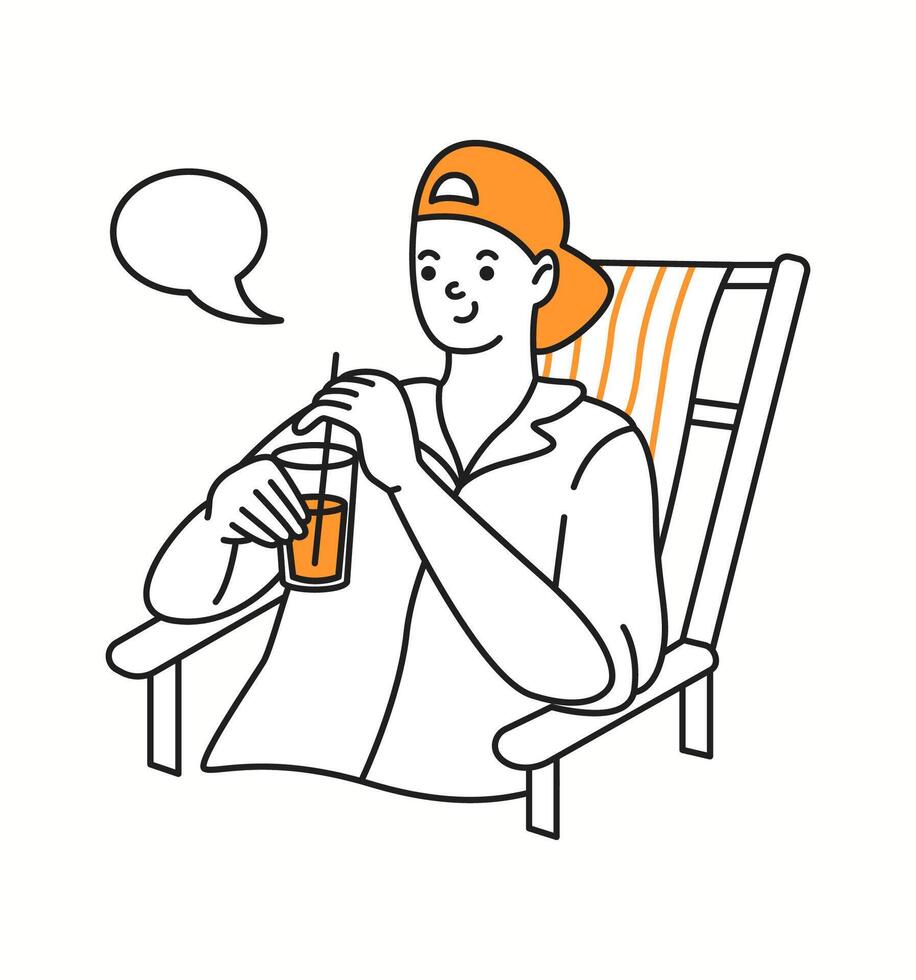 A young man enjoying a refreshing drink while sitting on a lounge chair, feeling relaxed and carefree, drawn in a stylish doodle-style illustration. vector