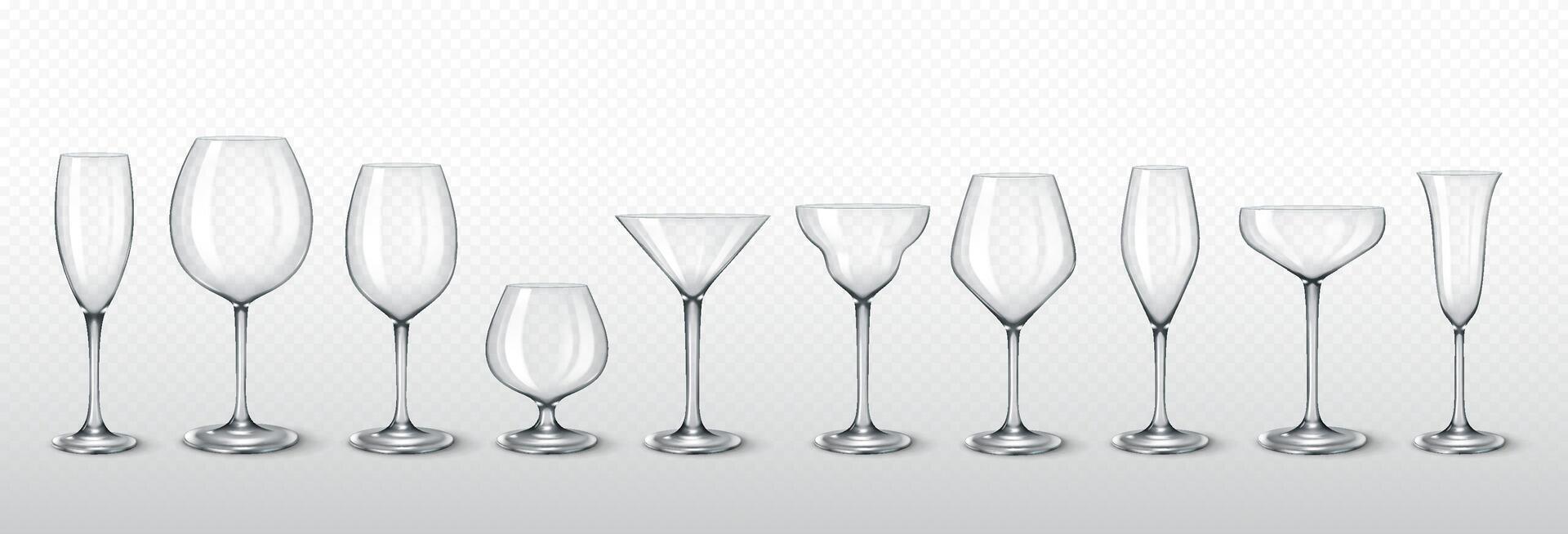 Realistic 3D illustration of various glass wine, champagne, and cocktail glasses. Ideal for bar, restaurant, and beverage presentation. vector