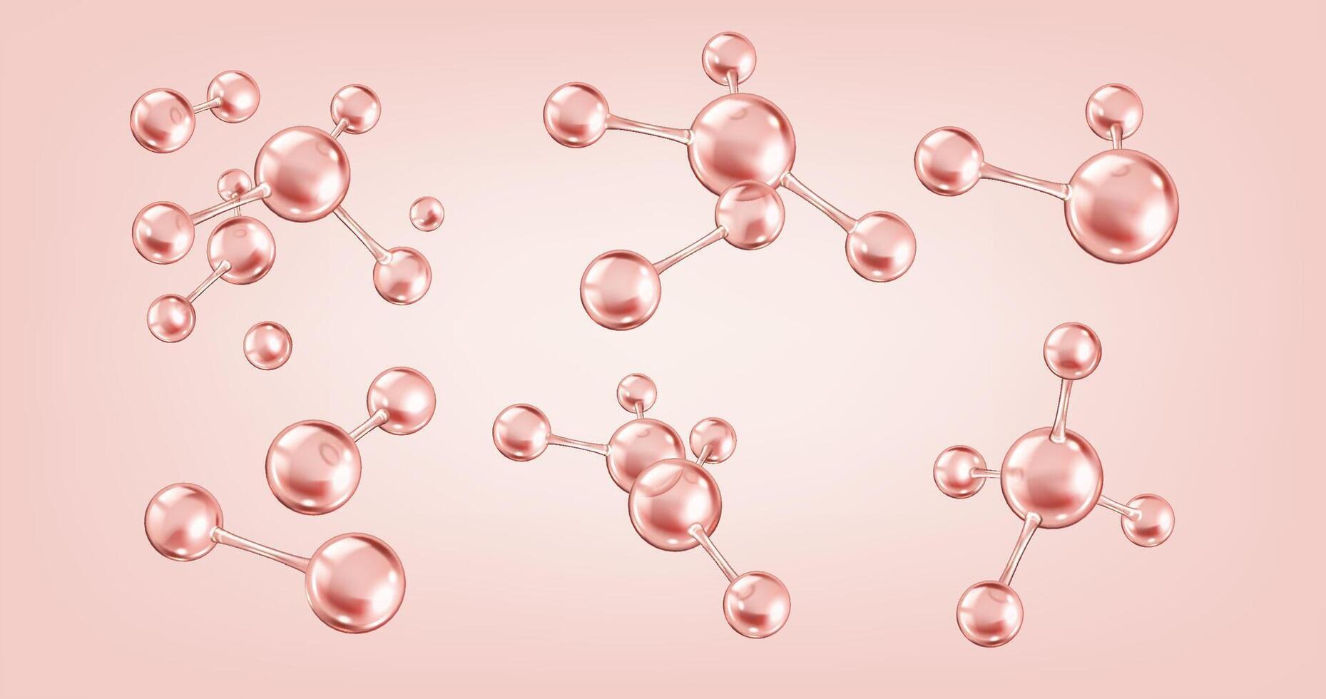 Collagen molecules with glossy effect realistic color icons set. Scientific elegant composition for beauty 3d objects bundle on pink vector