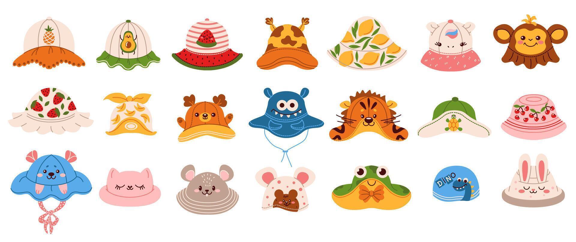 Illustration featuring a variety of adorable children's bucket hats with different fruit, animal, and playful designs, perfect for summer fashion. vector