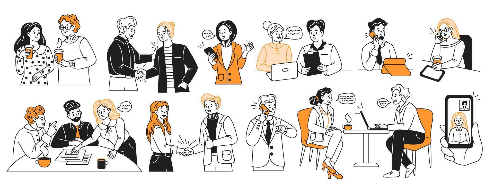 Businesspeople activities color linear icons collection. Engaging in corporate workflow professionals doodle characters on white background vector