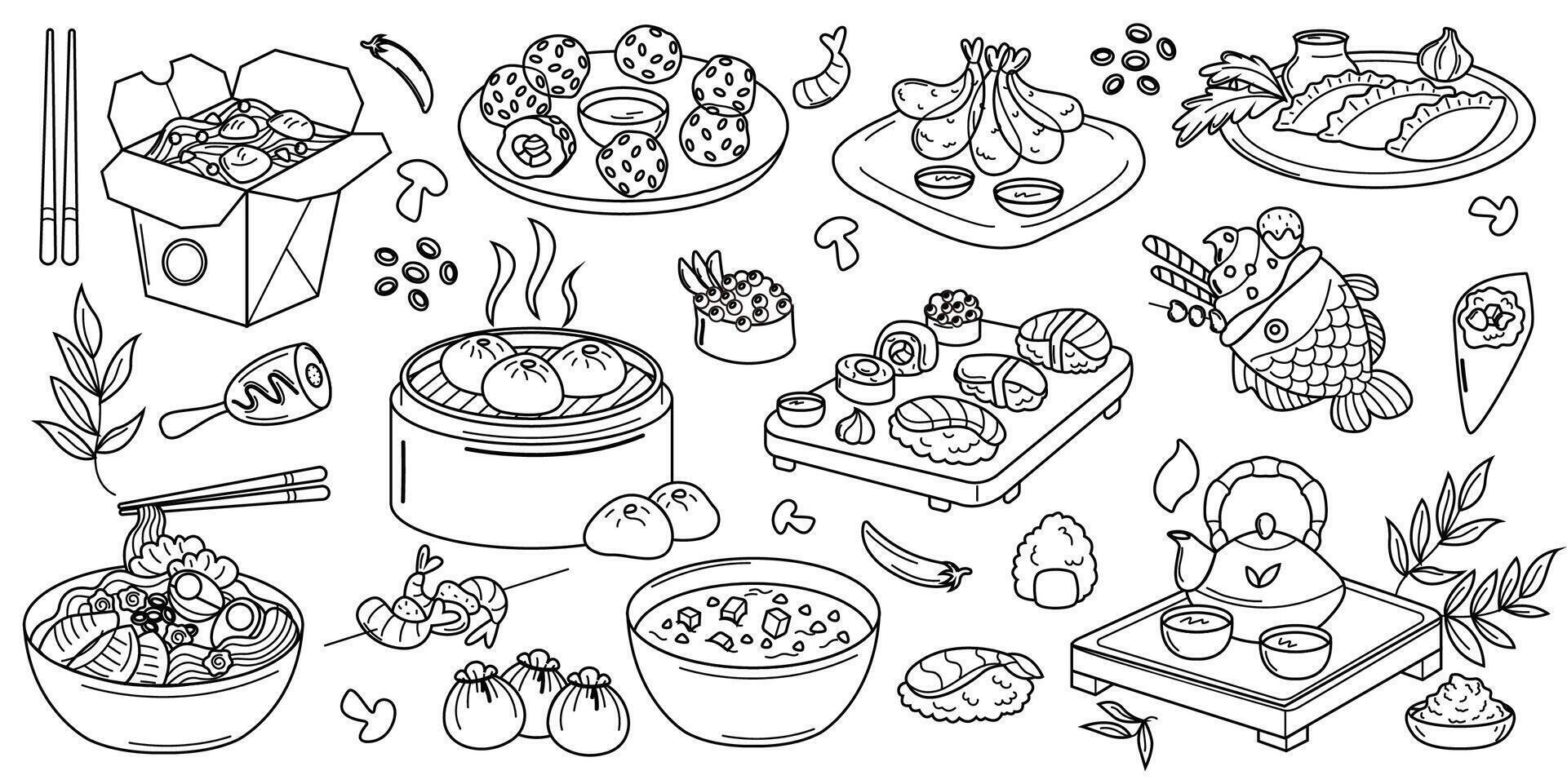 Minimalist black and white doodle illustration of various traditional Asian dishes, including sushi, dumplings, ramen, and more, drawn in a simple and elegant style. vector