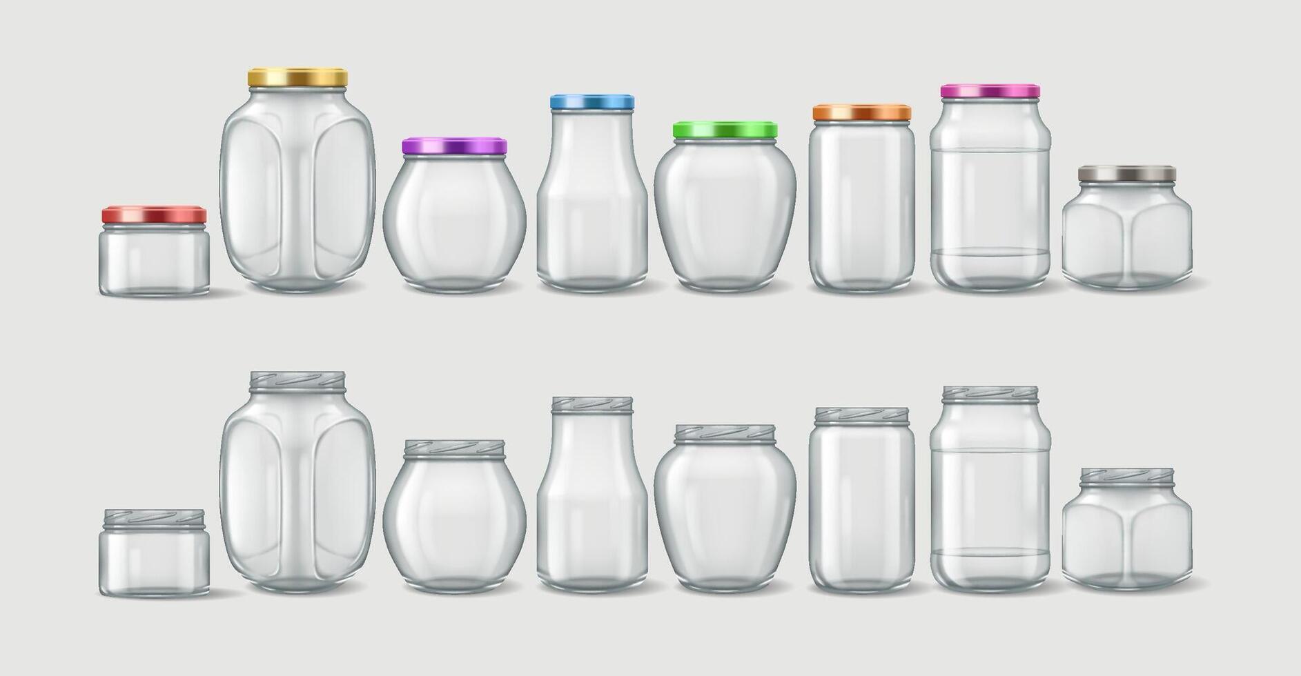 Realistic 3D illustration of various glass jars, some with lids and some without. Suitable for packaging, storage, and kitchen use. vector