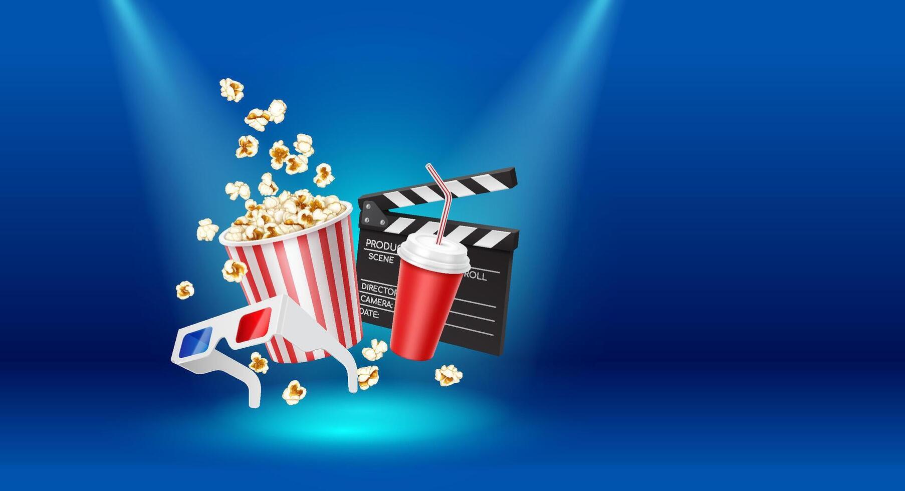 Copy space banner. 3D realistic illustration of cinema objects, including popcorn, soda cup, 3D glasses, and a clapperboard, floating in a spotlight-lit blue environment. vector
