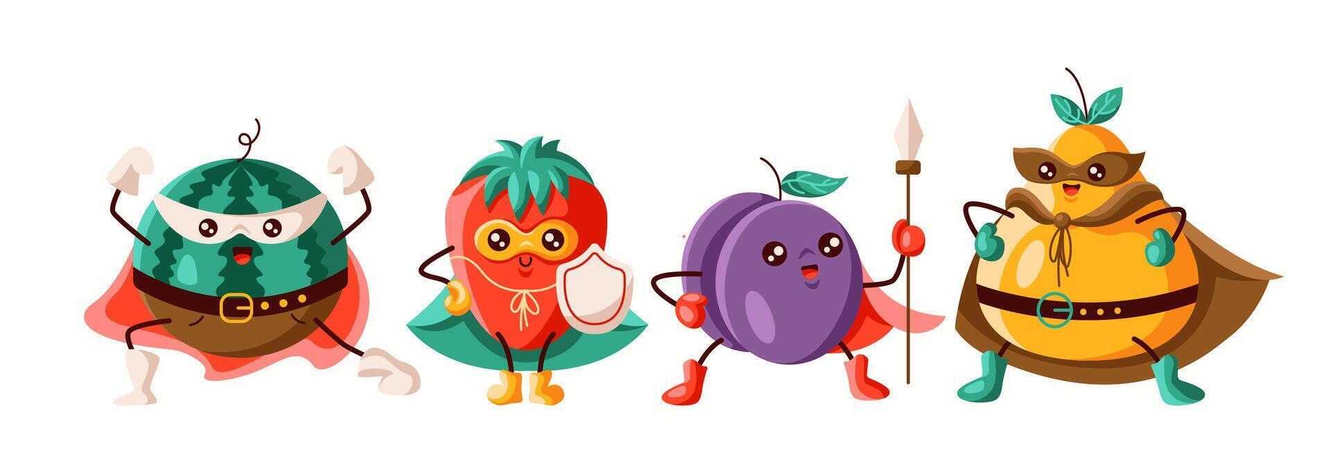 A group of superhero fruits including watermelon, strawberry, plum, and pear, striking heroic poses. A playful and colorful illustration perfect for kids and healthy food themes. vector