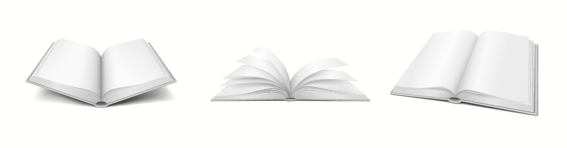 Realistic 3D mockup of a blank book with turning pages, ideal for showcasing books with dynamic elements. vector