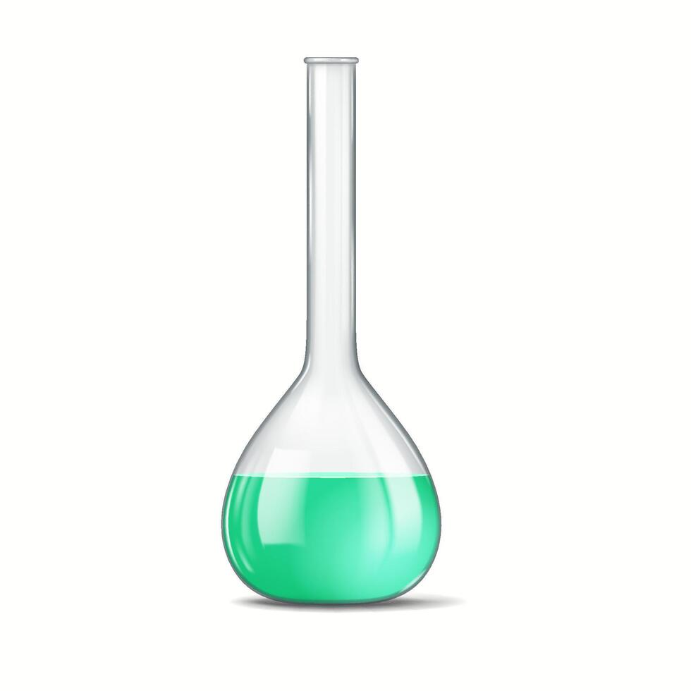 Illustration of a laboratory glass flask containing vibrant green liquid. The flask has a round base and long neck, commonly used in scientific experiments and research. vector