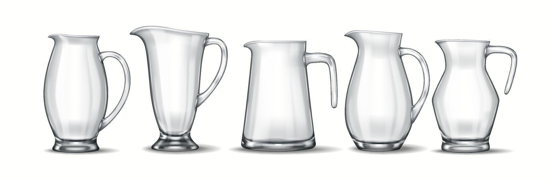 A set of five classic glass pitchers, each uniquely shaped with varying handles and spouts. A realistic 3D rendering emphasizing transparency, reflections, and smooth design. vector