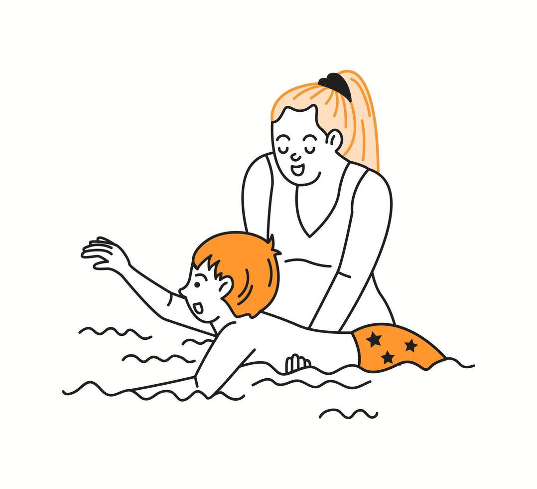 A caring mother helping her child learn how to swim in the water, supporting and encouraging them in a warm and joyful doodle-style black and white illustration. vector