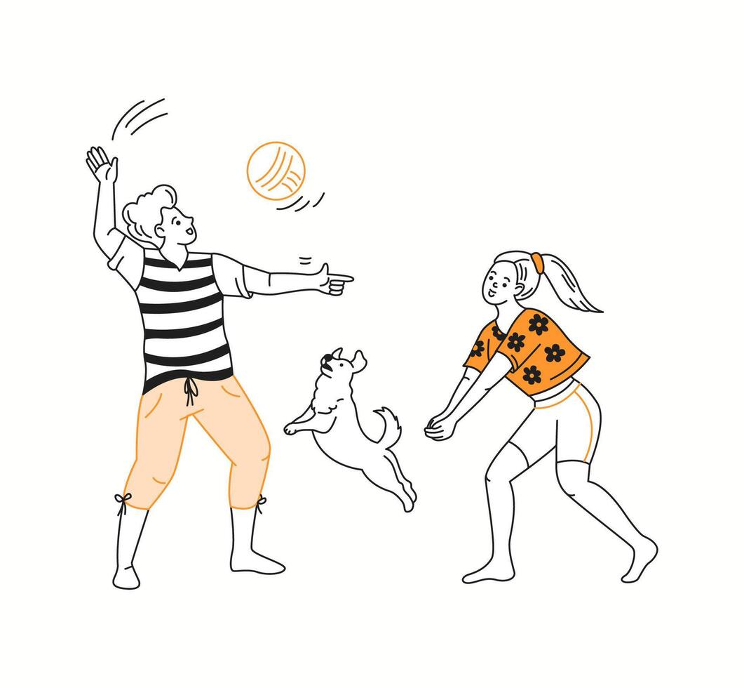A group of friends playing an exciting game of beach volleyball under the summer sun, drawn in a lively and fun doodle-style illustration. vector