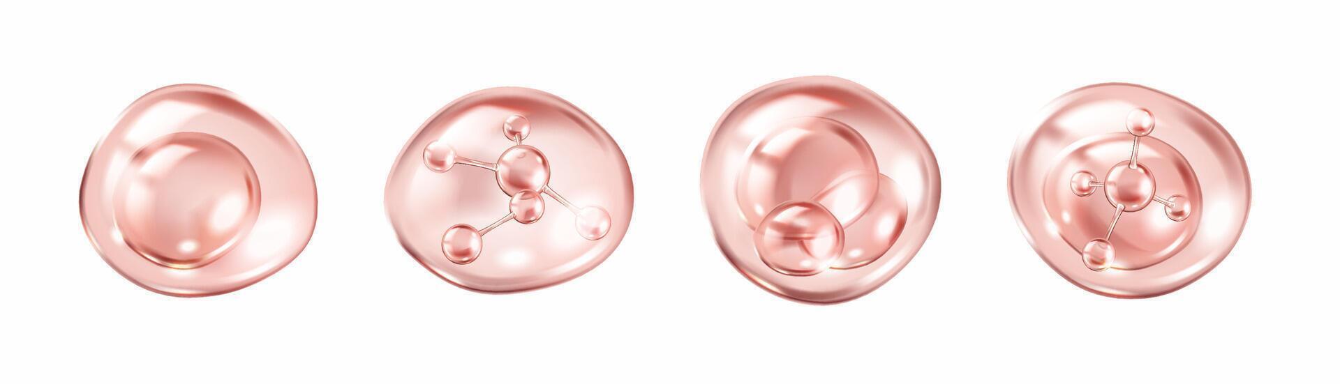 Pink serum drops with collagen molecules realistic color icons set. Glossy bubbles innovative skincare 3d objects bundle on white background vector