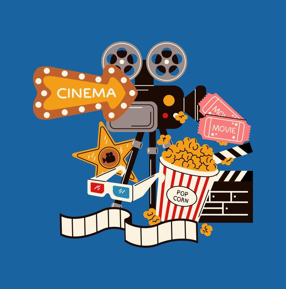 Illustration of a vintage cinema camera with a star, film reel, and popcorn, representing the art of moviemaking, drawn in a creative and bold style. vector