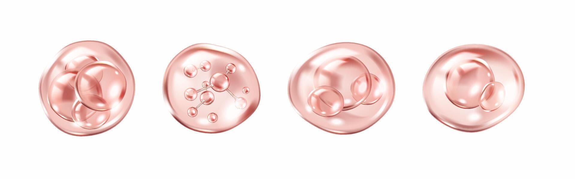 Collagen molecules inside pink bubbles realistic color icons set. Anti-aging serum gel texture 3d objects bundle on white background vector