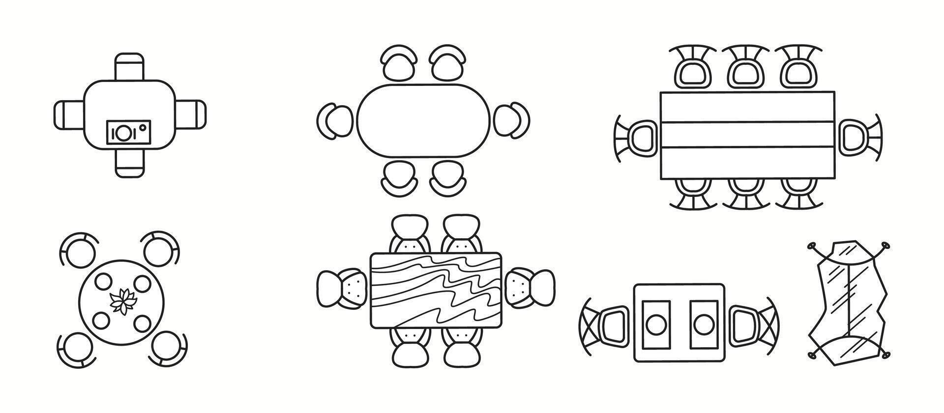 illustration of various dining table designs with different seating arrangements in top view. Ideal for restaurant planning, home interiors, and hospitality design. vector